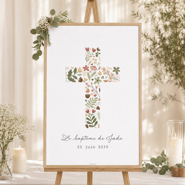 Panneau bienvenue Baptême Portrait 60 x 90 cm Croix Florale photo