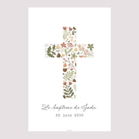 Panneau bienvenue Baptême Portrait 60 x 90 cm Croix Florale