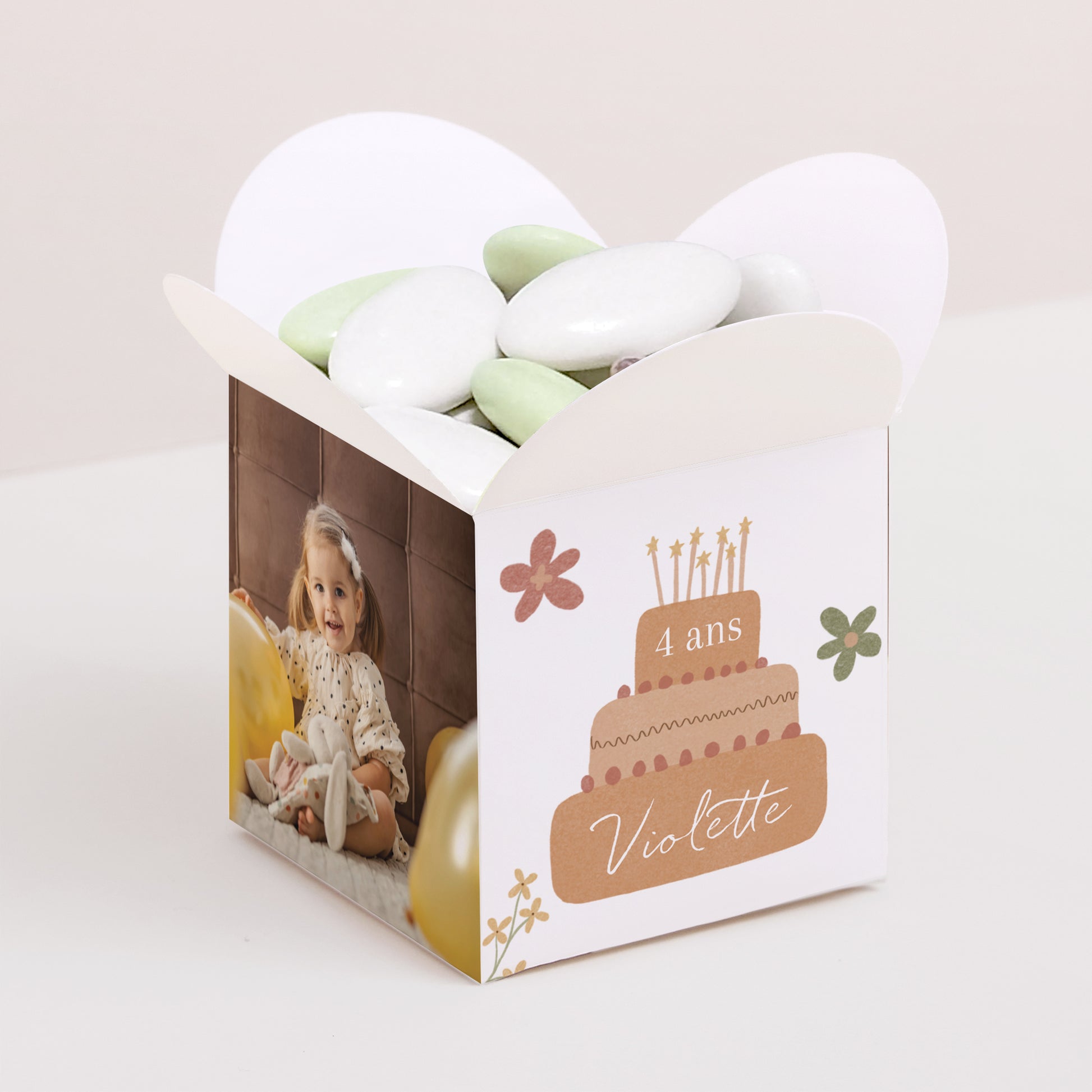 Boîte à bonbons Anniversaire Enfant Ouverture papillon Goûter Printanier, Fille, Recto-verso photo N° 1
