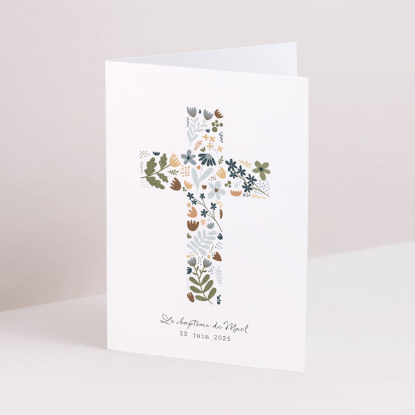 Faire-part Baptême Double volet portrait Croix Liberty photo