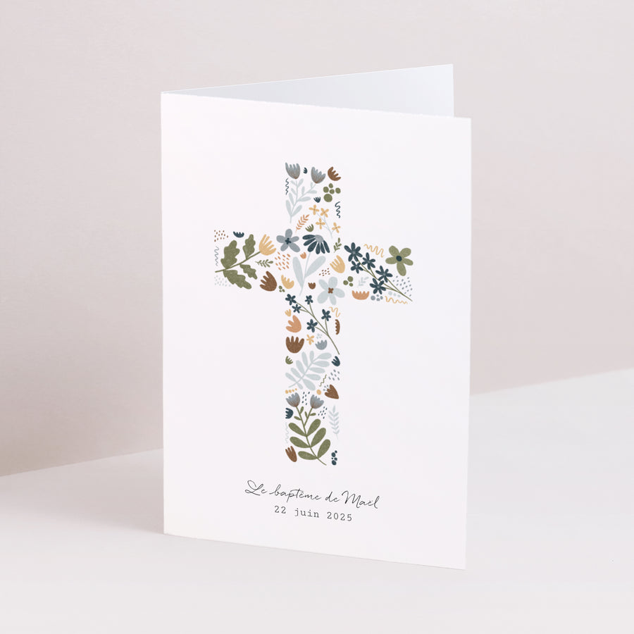 Faire-part Baptême Double volet portrait Croix Liberty photo