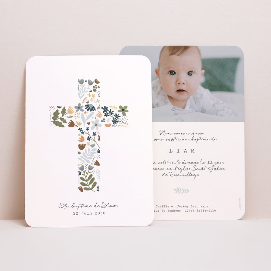 Faire-part Baptême Portrait, bords arrondis Croix Liberty photo