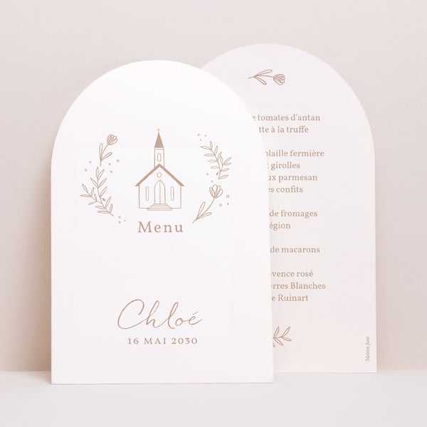 Menu Baptême Arche Eglise crayonnée rose photo