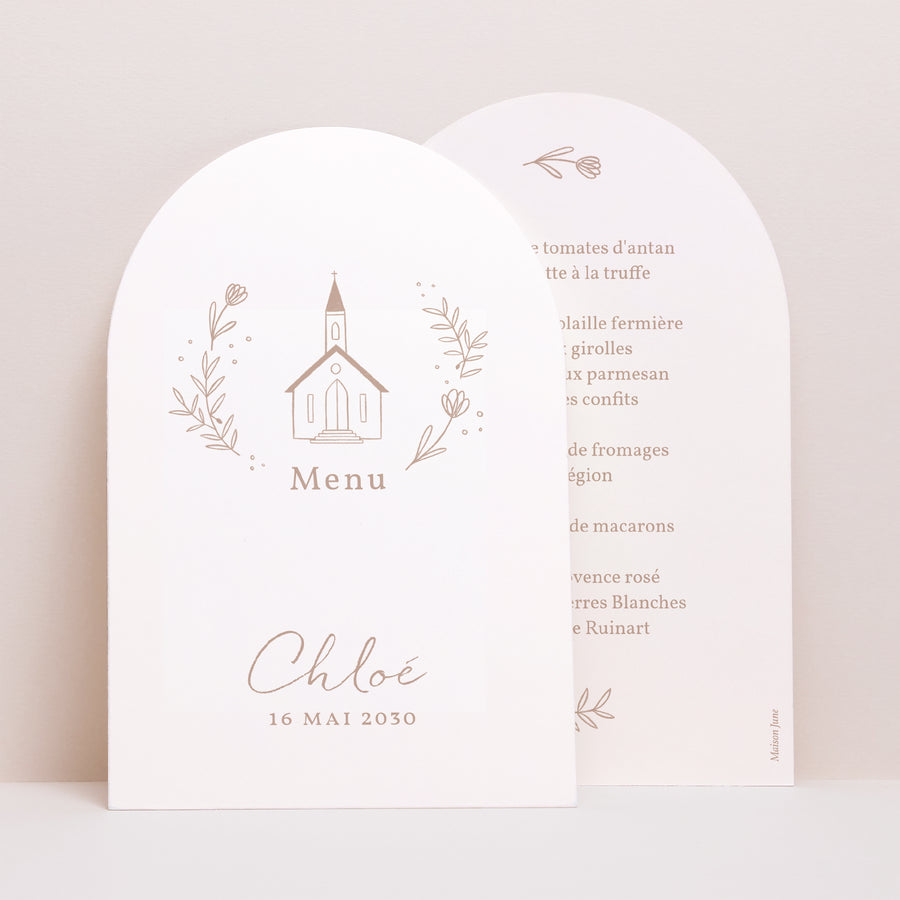 Menu Baptême Arche Eglise crayonnée rose photo