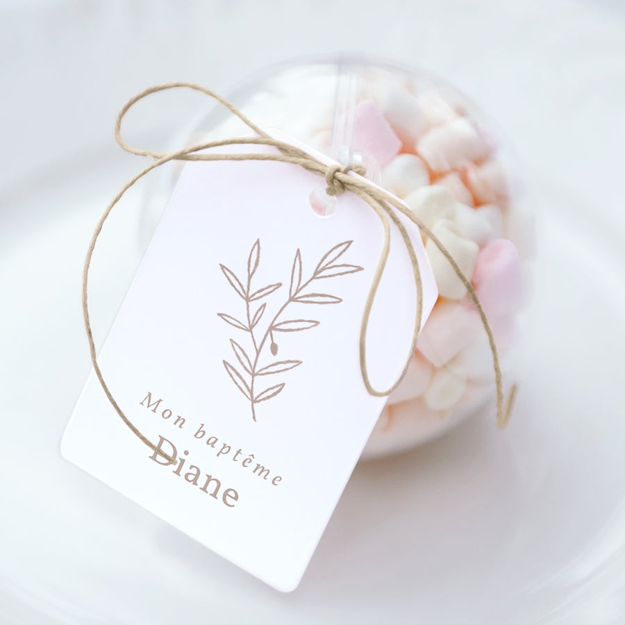 Boîte à dragées Baptême boule avec étiquette fanion Eglise crayonnée rose photo