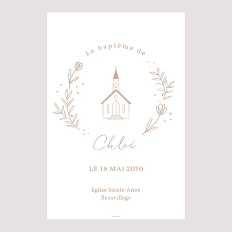 Panneau bienvenue Baptême Portrait 60 x 90 cm Eglise crayonnée rose