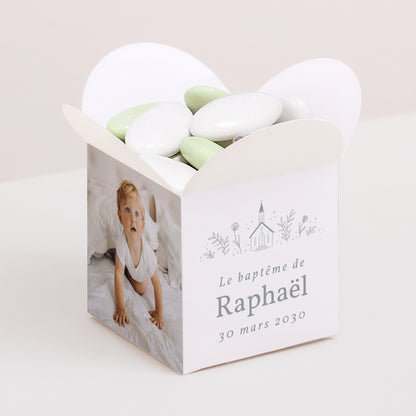 Boîte à dragées Baptême Ouverture papillon Eglise crayonnée photo N° 1
