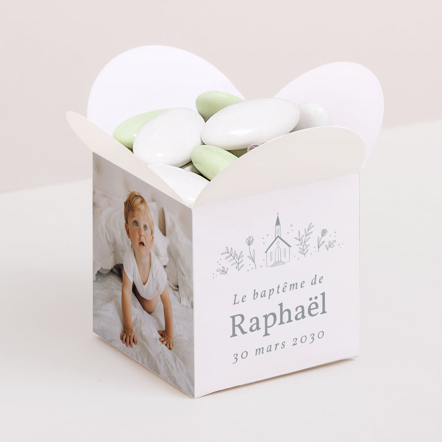 Boîte à dragées Baptême Ouverture papillon Eglise crayonnée photo