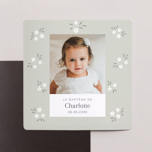Faire-part Baptême Lot de 9, magnétique Petites fleurs vert photo