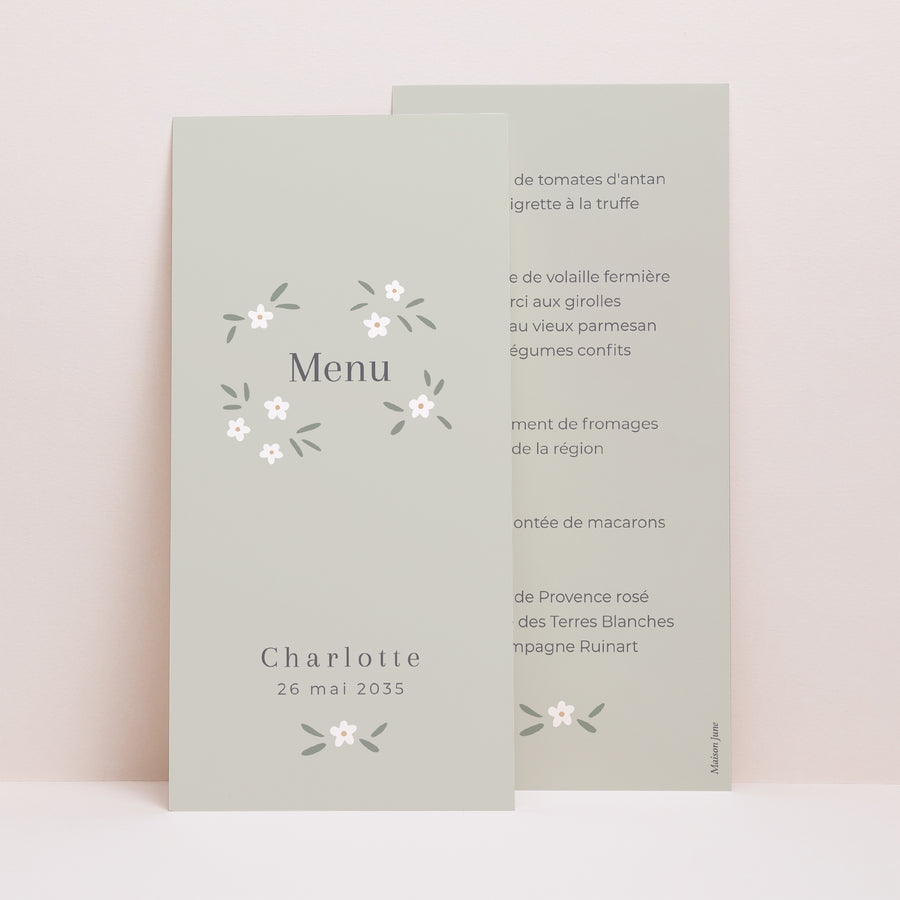Menu Baptême Panoramique portrait Petites fleurs vert photo