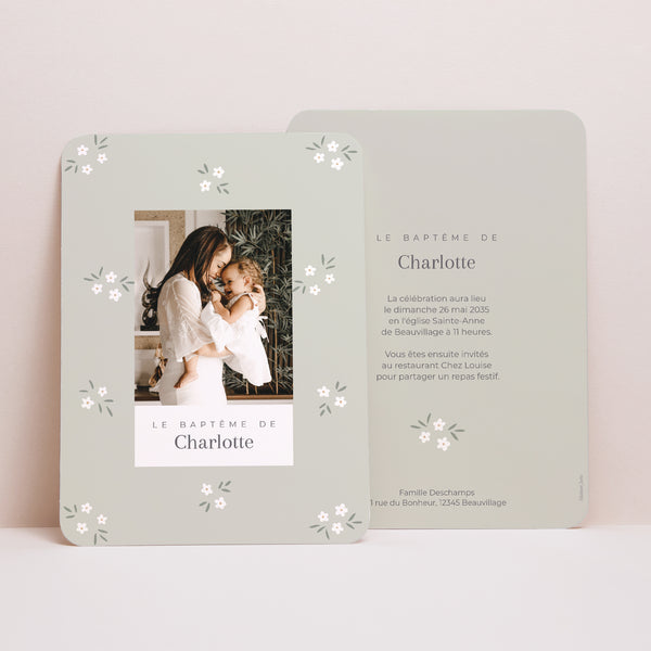 Faire-part Baptême Portrait, bords arrondis Petites fleurs vert photo