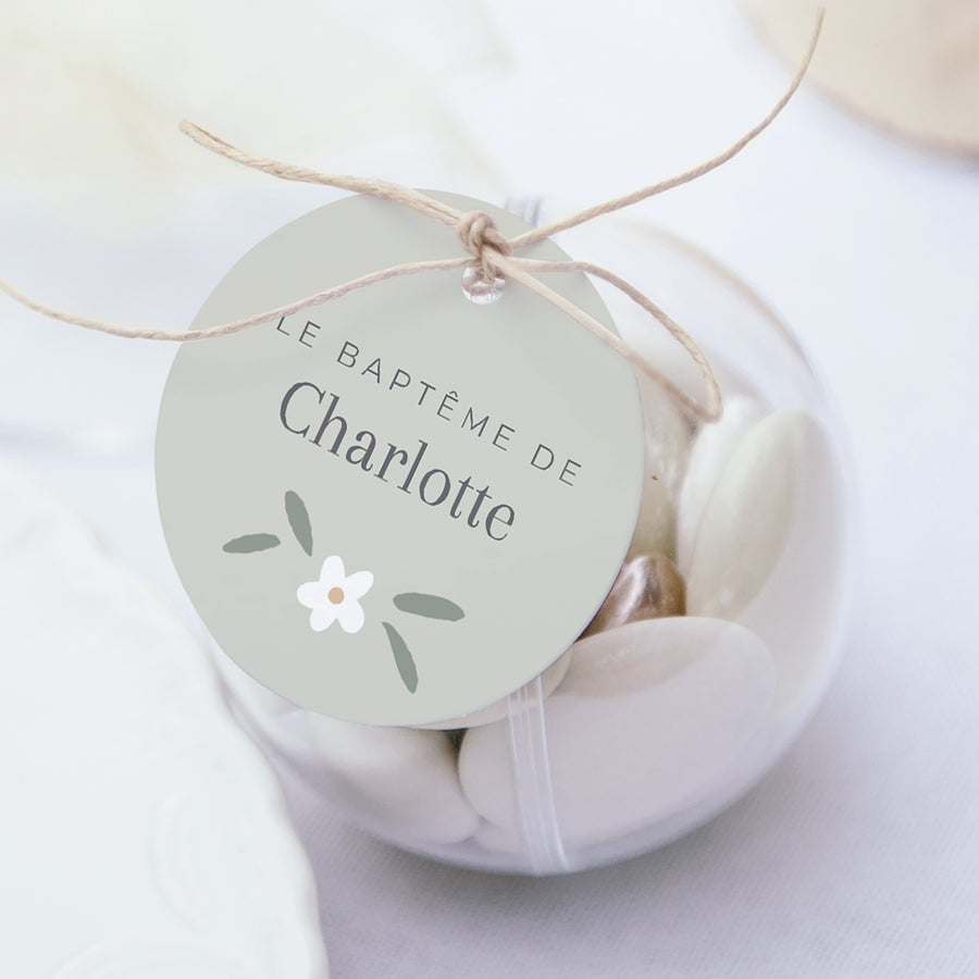 Boîte à dragées Baptême boule avec étiquette ronde Petites fleurs vert photo