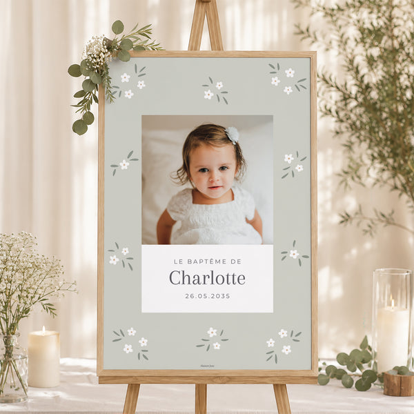 Panneau bienvenue Baptême Portrait 60 x 90 cm Petites fleurs vert photo