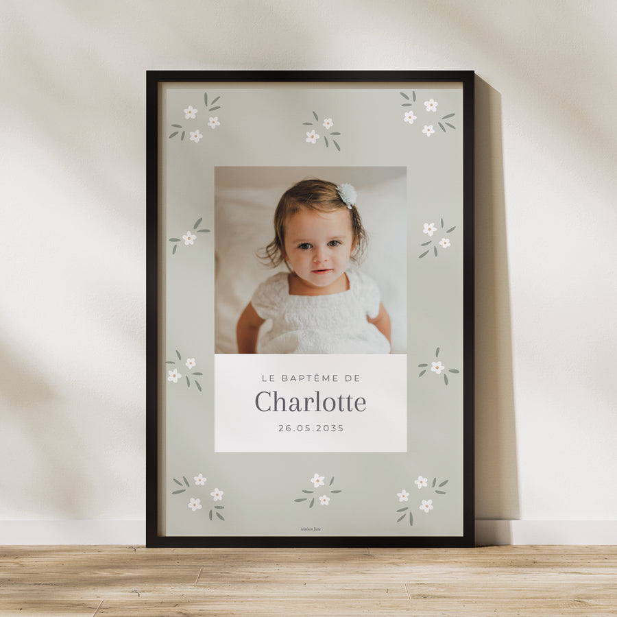 Panneau bienvenue Baptême Portrait 60 x 90 cm Petites fleurs vert photo