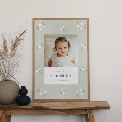 Panneau bienvenue Baptême Portrait 60 x 90 cm Petites fleurs vert photo N° 2