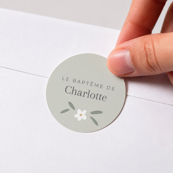 Sticker Baptême Rond Petites fleurs vert photo