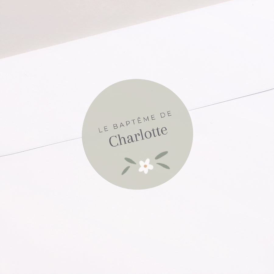 Sticker Baptême Rond Petites fleurs vert photo