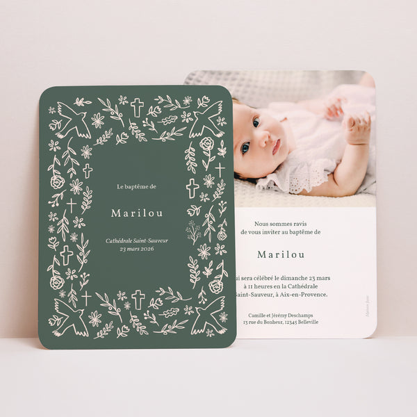 Faire-part Baptême Portrait, bords arrondis Floral Vert photo