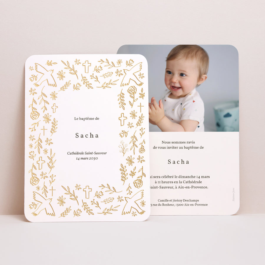 Faire-part Baptême Portrait, bords arrondis Floral Doré & Motifs photo