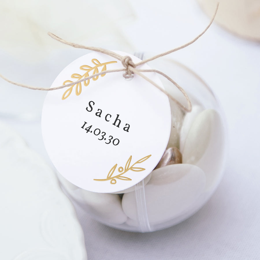 Boîte à dragées Baptême boule avec étiquette ronde Floral Doré & Motifs photo