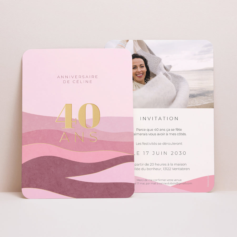 Invitations Anniversaire Adulte Portrait, bords arrondis 40 ans, Camaïeu rose photo