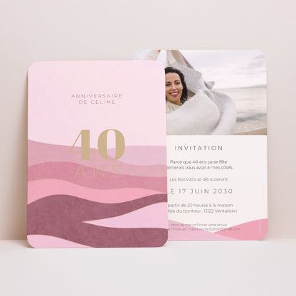 Invitations Anniversaire Adulte Portrait, bords arrondis 40 ans, Camaïeu rose, recto-verso, coins arrondis photo N° 1