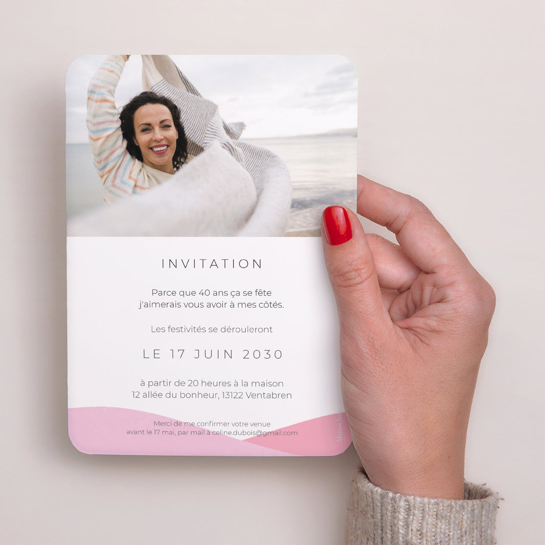 Invitations Anniversaire Adulte Portrait, bords arrondis 40 ans, Camaïeu rose, recto-verso, coins arrondis photo N° 3