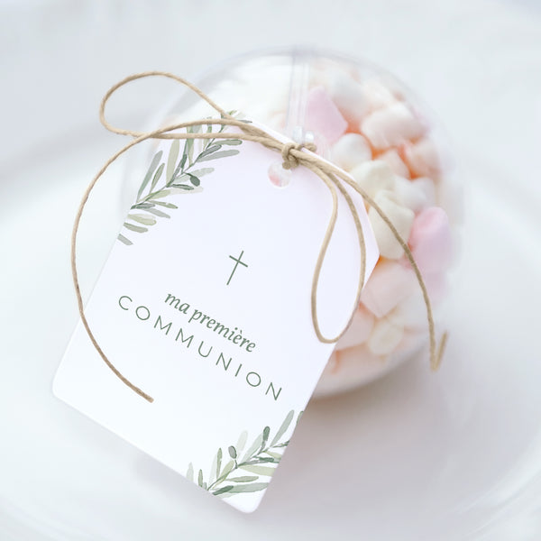 Boîte à dragées Communion boule avec étiquette fanion Couronne d'olivier photo