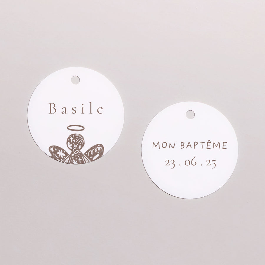 Etiquette perforée Baptême Ronde Angelot et chapelet photo