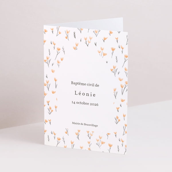 Faire-part Baptême Double volet portrait Liberty fleurs orange photo