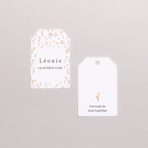 Etiquette perforée Baptême Fanion Liberty fleurs orange photo