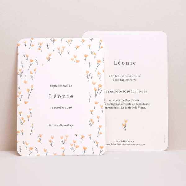 Faire-part Baptême Portrait, bords arrondis Liberty fleurs orange photo