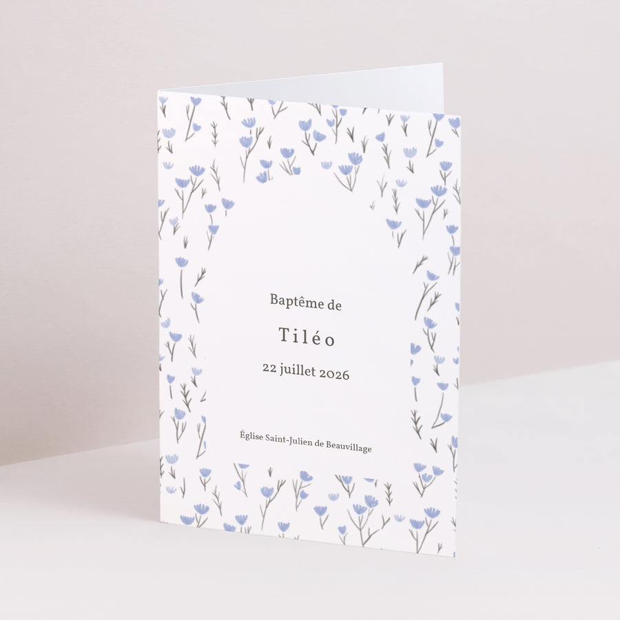 Faire-part Baptême Double volet portrait Liberty fleurs bleu photo
