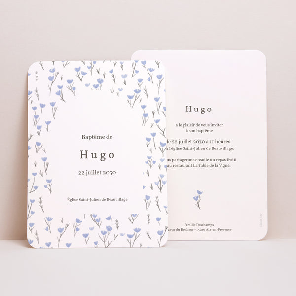 Faire-part Baptême Portrait, bords arrondis Liberty fleurs bleu photo