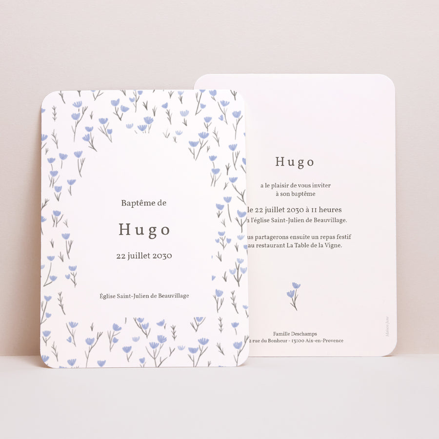 Faire-part Baptême Portrait, bords arrondis Liberty fleurs bleu photo