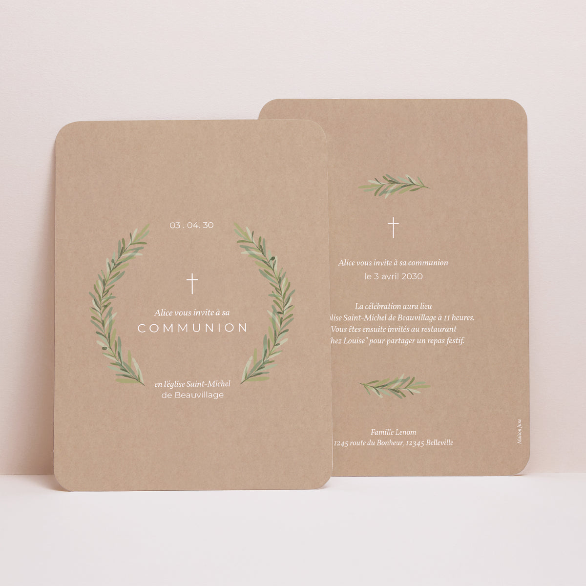 Faire-part Communion Portrait, bords arrondis Couronne Effet Kraft photo
