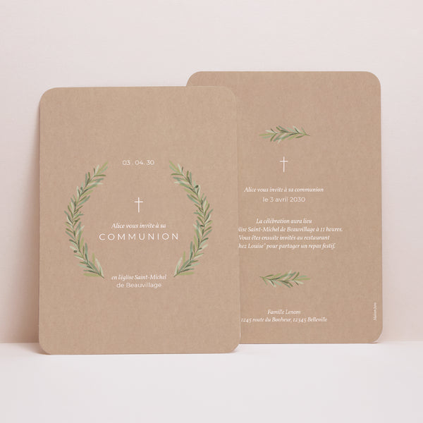 Faire-part Communion Portrait, bords arrondis Couronne Effet Kraft photo