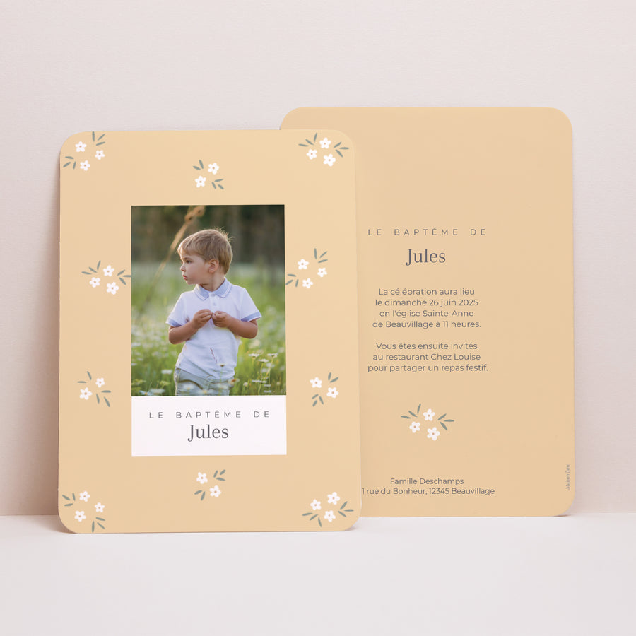 Faire-part Baptême Portrait, bords arrondis Petites fleurs jaune photo