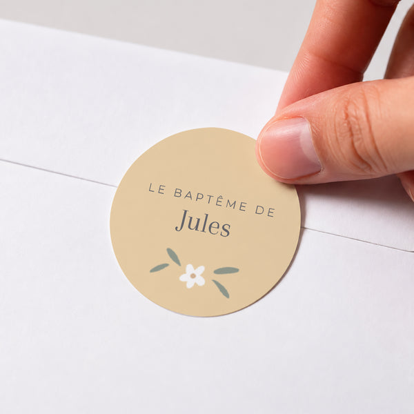 Sticker Baptême Rond Petites fleurs jaune photo