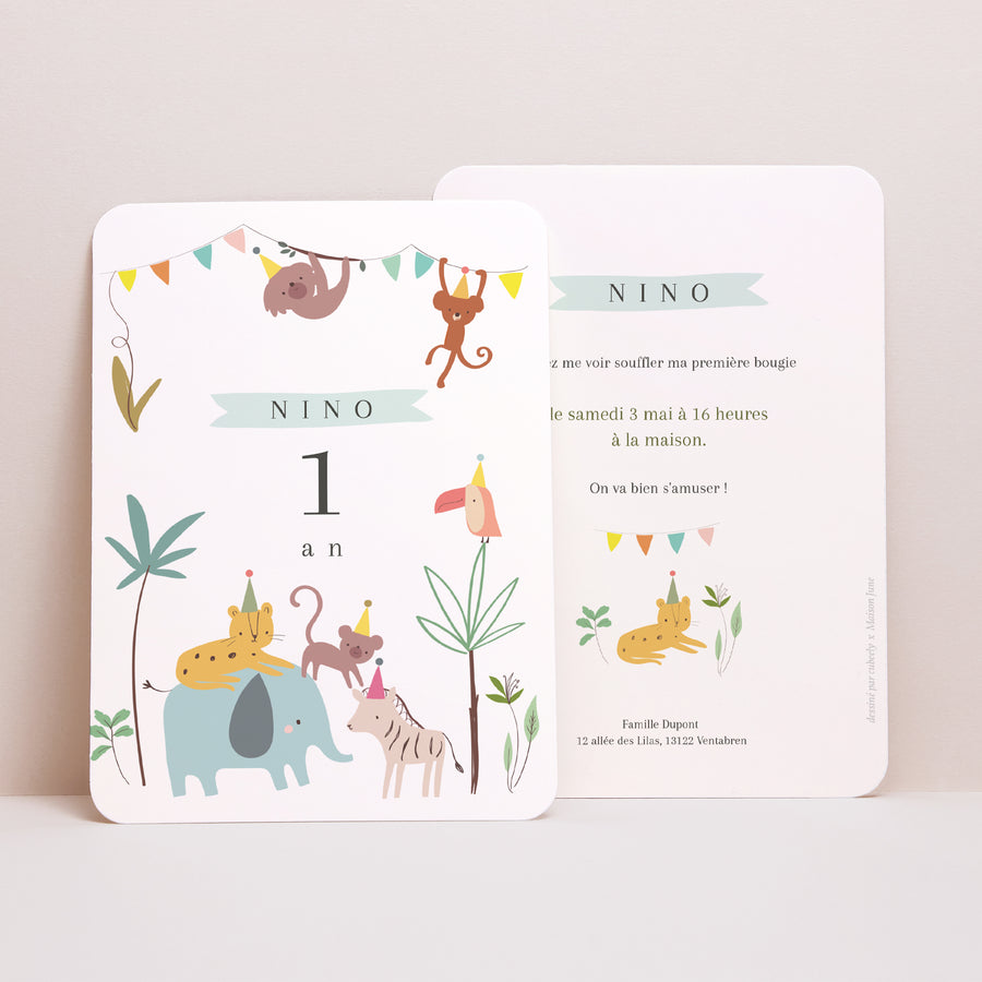Invitations Anniversaire Enfant Portrait, bords arrondis La fiesta de la Jungle photo