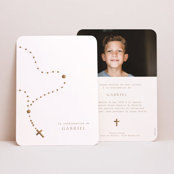 Faire-part Confirmation Portrait, bords arrondis Chapelet sacré photo