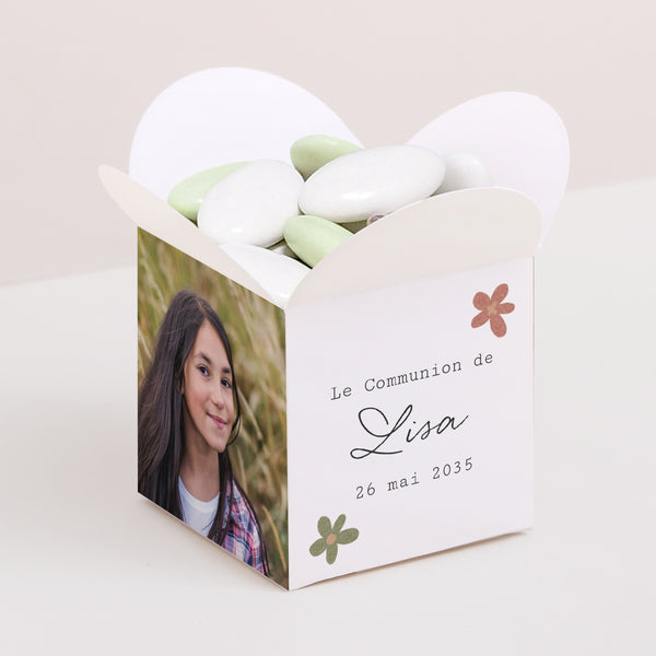 Boîte à dragées Communion Ouverture papillon Croix Latine Florale photo