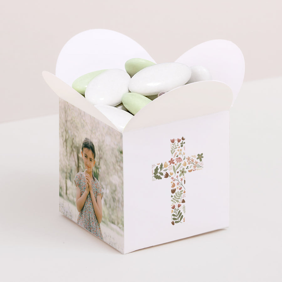 Boîte à dragées Communion Ouverture papillon Croix Latine Florale photo