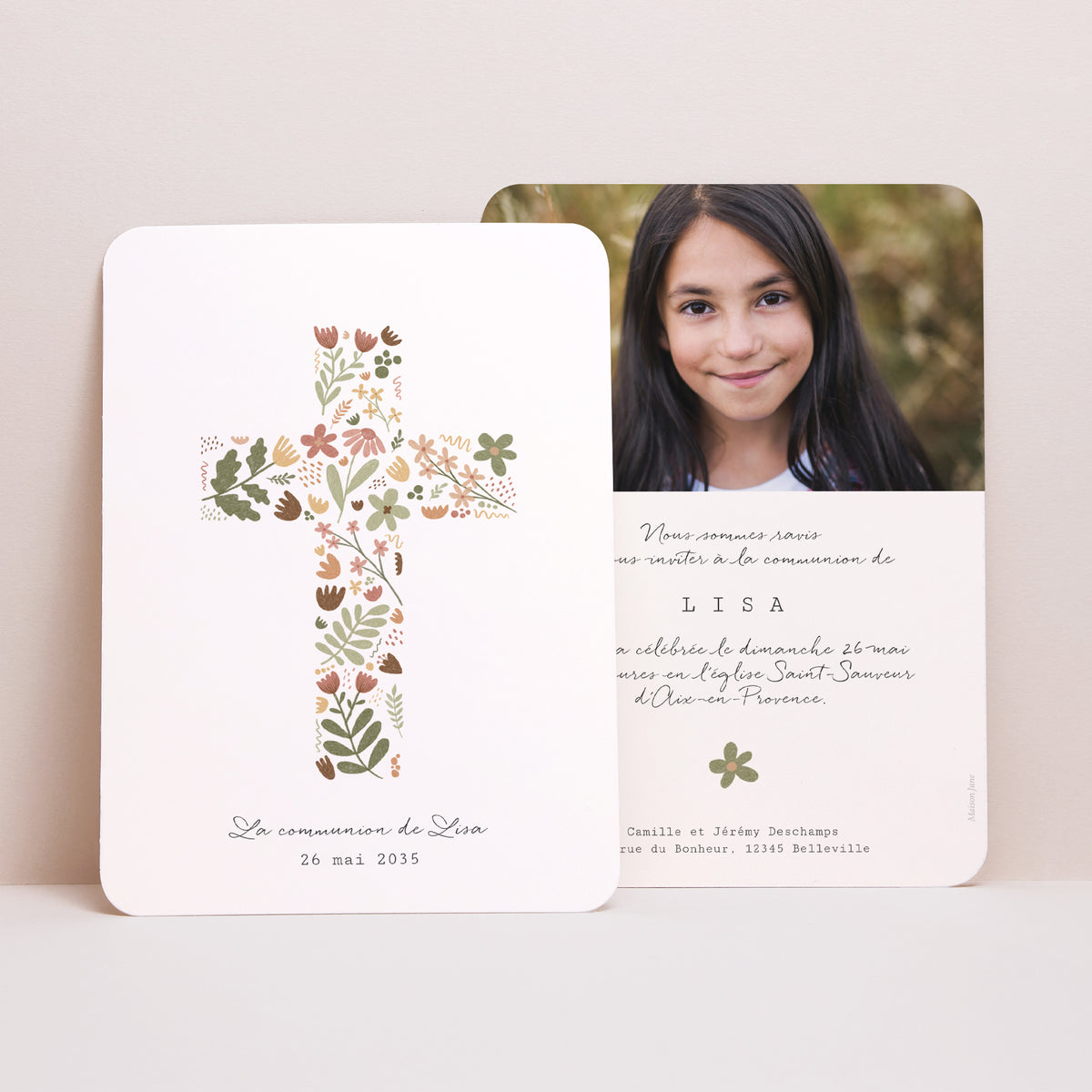 Faire-part Communion Portrait, bords arrondis Croix Latine Florale photo