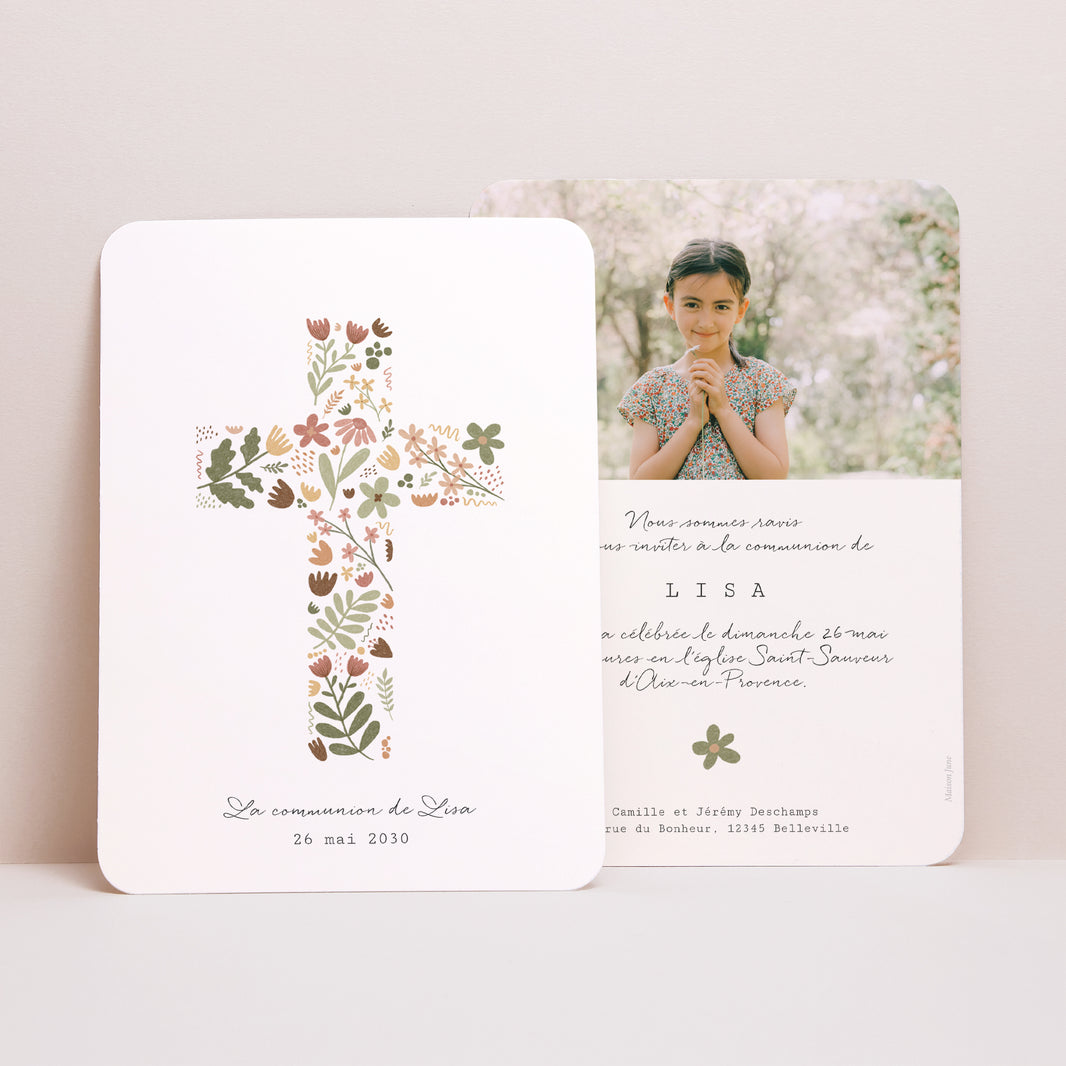 Faire-part Communion Portrait, bords arrondis Croix Latine Florale photo N° 1