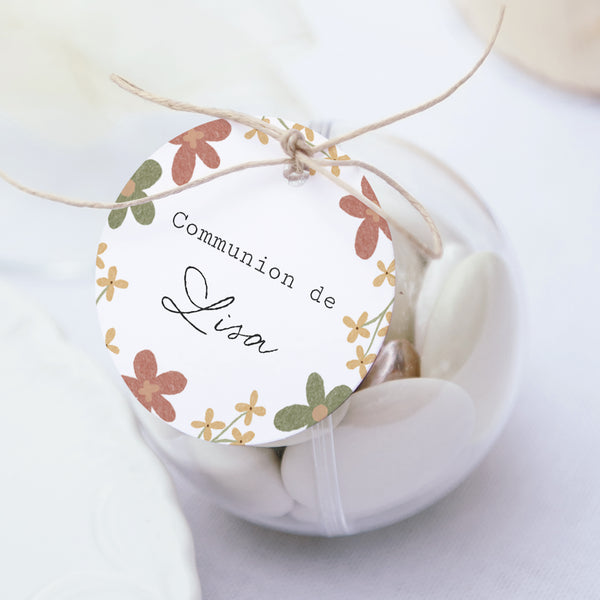 Boîte à dragées Communion boule avec étiquette ronde Croix Latine Florale photo