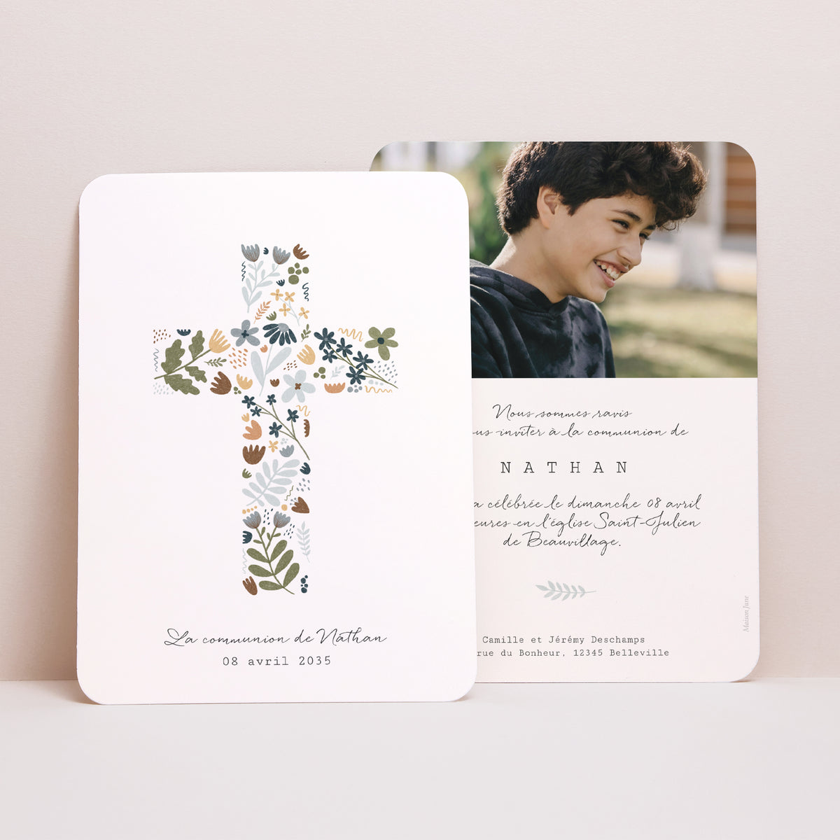 Faire-part Communion Portrait, bords arrondis Croix liberty garçon communion photo