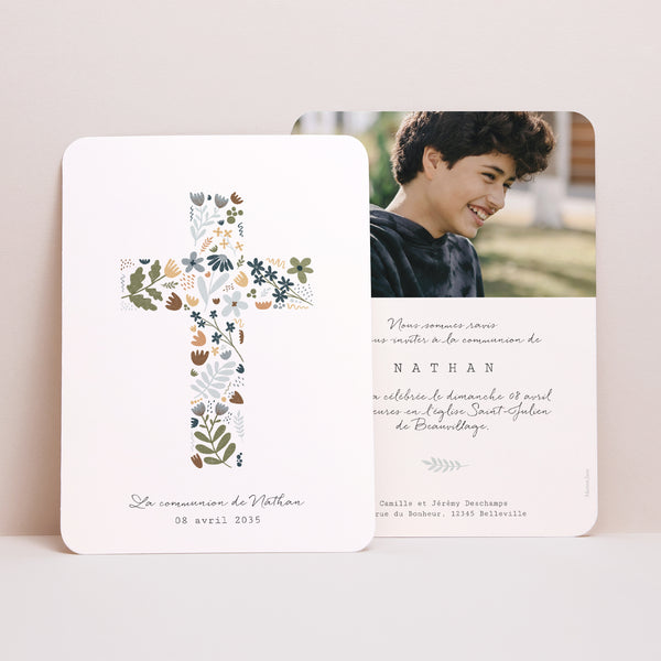 Faire-part Communion Portrait, bords arrondis Croix liberty garçon communion photo