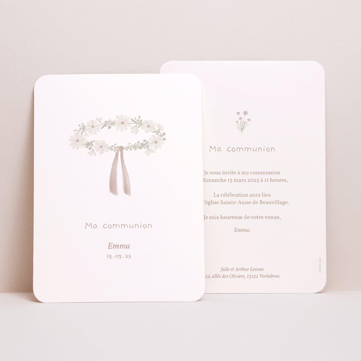 Faire-part Communion Portrait, bords arrondis Diadème Fleurs Blanches photo