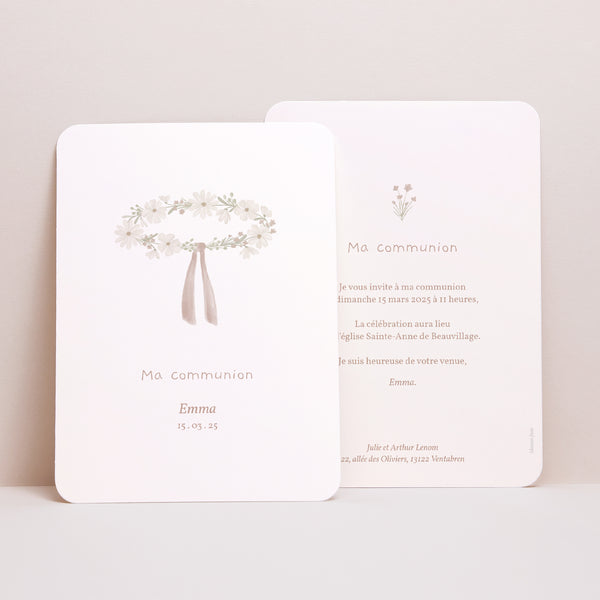 Faire-part Communion Portrait, bords arrondis Diadème Fleurs Blanches photo